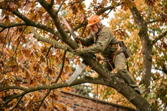Élagueur professionnel perché dans un grand chêne utilisant une scie manuelle pour élaguer des branches difficiles d'accès