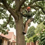 Élagueur professionnel en sécurité dans un chêne taillant des branches surplombant une clôture de propriété en zone résidentielle