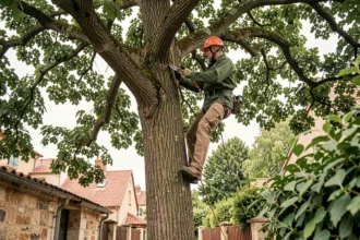 Élagueur professionnel en sécurité dans un chêne taillant des branches surplombant une clôture de propriété en zone résidentielle