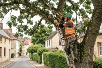 Élagueur professionnel en train d'élaguer un grand chêne dans un quartier résidentiel de Caen avec harnais et équipement de sécurité