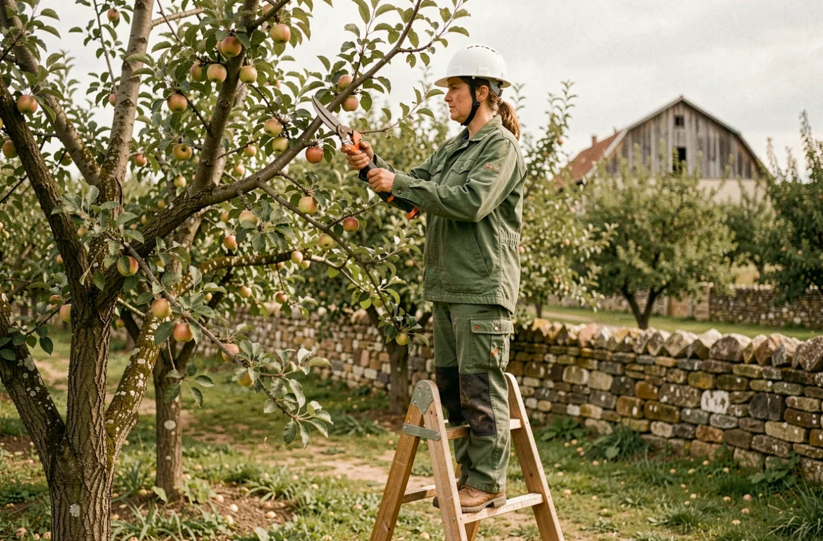 Élagueuse professionnelle sur échelle taillant un arbre fruitier dans un verger avec des sécateurs