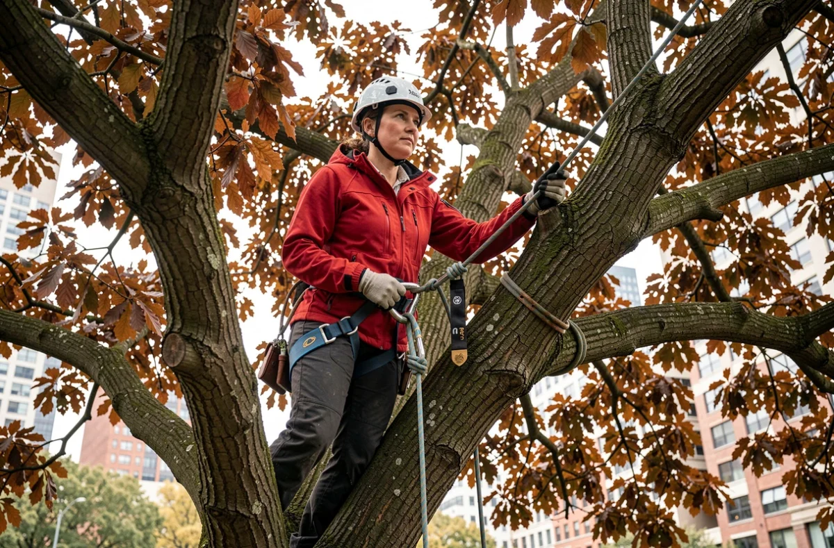 Élagueuse sécurisée dans la canopée d'un châtaignier avec sa longe fixée sur une branche maîtresse
