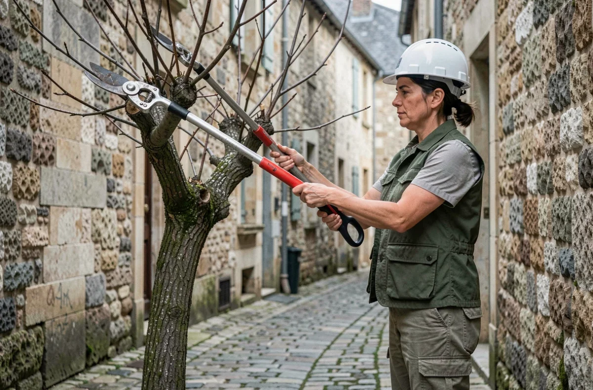 Élagueuse utilisant des élagueurs manuels à long manche dans une ruelle étroite pour atteindre des branches mortes inaccessibles