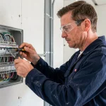 Électricien installant un tableau de câblage structuré conforme à la norme GTL dans une maison neuve