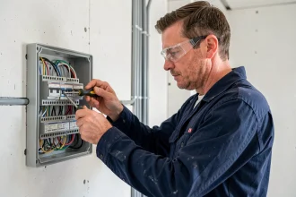 Électricien installant un tableau de câblage structuré conforme à la norme GTL dans une maison neuve