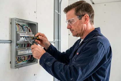 Électricien installant un tableau de câblage structuré conforme à la norme GTL dans une maison neuve