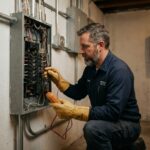 Électricien professionnel examinant un tableau électrique résidentiel pour choisir la bonne puissance de compteur en kVA