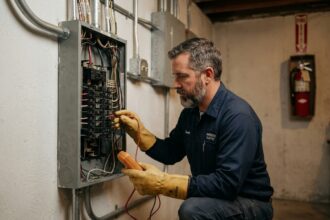 Électricien professionnel examinant un tableau électrique résidentiel pour choisir la bonne puissance de compteur en kVA