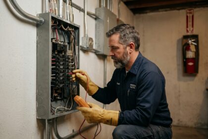Électricien professionnel examinant un tableau électrique résidentiel pour choisir la bonne puissance de compteur en kVA