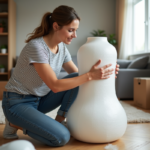Femme emballant une lampe avec du papier bulle dans son salon