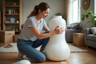 Femme emballant une lampe avec du papier bulle dans son salon