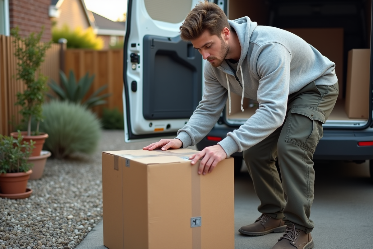 Jeune homme scellant une grande boîte en carton à l