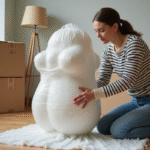 Femme emballant une sculpture avec soin dans un salon