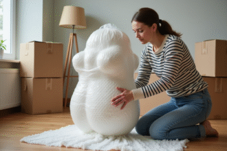 Femme emballant une sculpture avec soin dans un salon