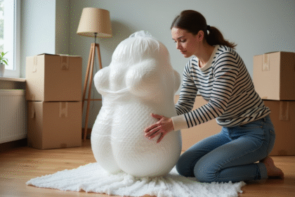 Femme emballant une sculpture avec soin dans un salon