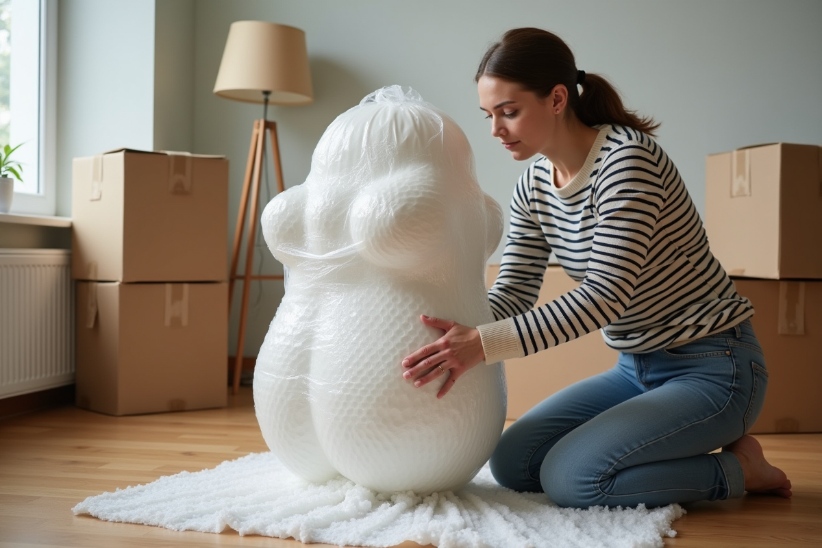 Femme emballant une sculpture avec soin dans un salon