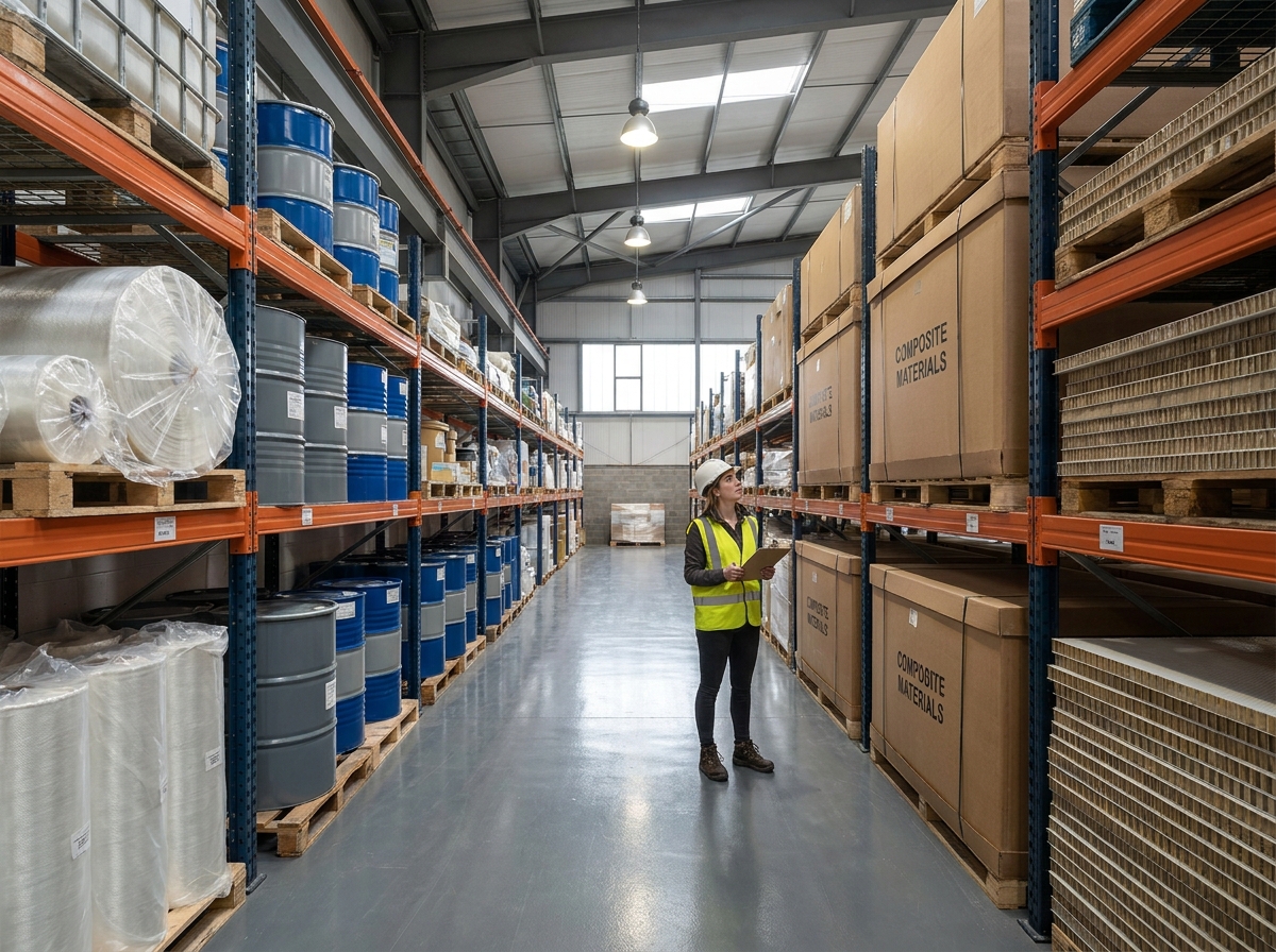 Entrepôt de distribution de matériaux composites avec rayonnages de rouleaux de fibre de verre et panneaux sandwich