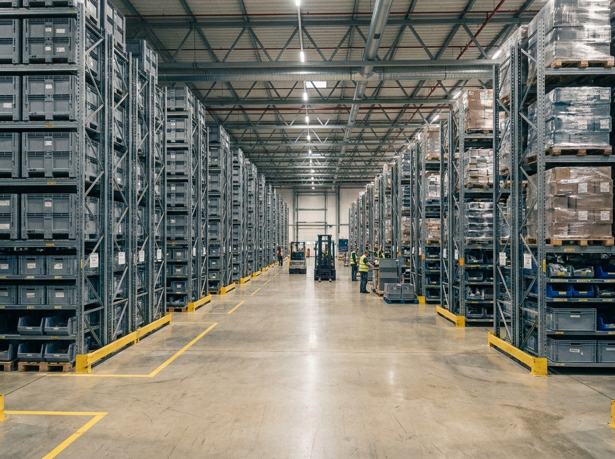 Vue grand angle d'un entrepôt logistique moderne avec des rangées de rayonnages industriels chargés de bacs de stockage uniformes