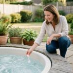 Femme entretenant facilement son spa extérieur avec un produit de traitement simple sur une terrasse en bois