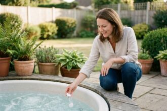 Femme entretenant facilement son spa extérieur avec un produit de traitement simple sur une terrasse en bois