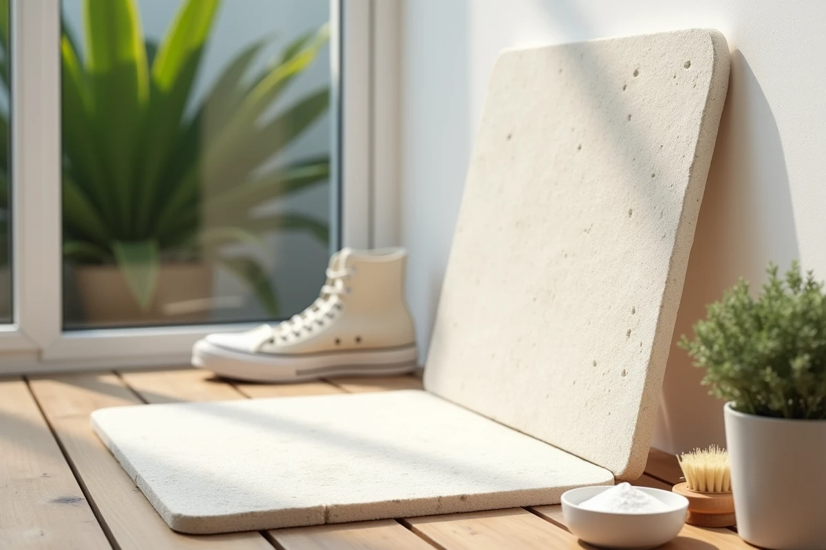 Tapis en diatomite appuyé contre un mur montrant des traces d'usure et une fissure, avec matériel d'entretien à proximité