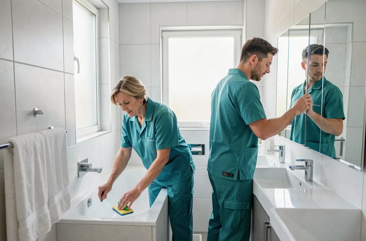 Équipe de nettoyage professionnelle travaillant dans une salle de bain spacieuse en Île-de-France