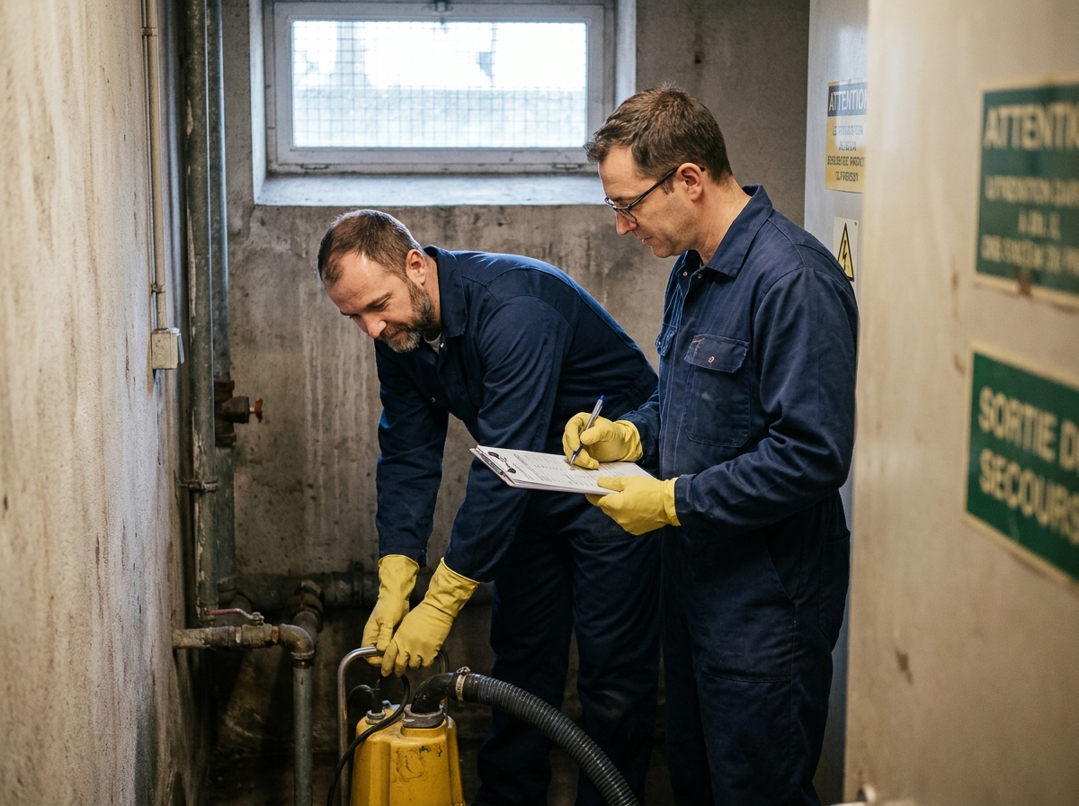 Deux techniciens réalisant une vidange de fosse septique dans un couloir technique résidentiel à Mons
