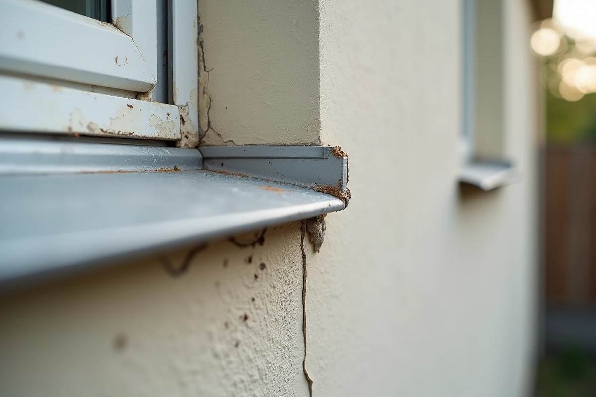 Cornière aluminium extérieure mal posée avec joints irréguliers et défauts d'alignement visibles