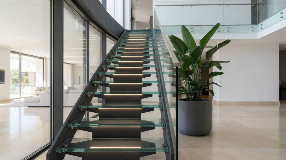 Escalier en verre moderne dans un intérieur contemporain