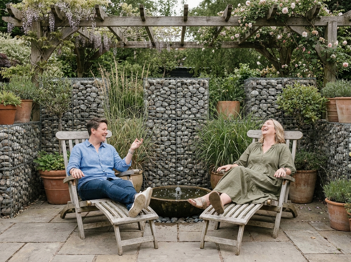 Couple se relaxant dans un espace extérieur aménagé avec murs gabions et pergola végétalisée pour le confort visuel et acoustique