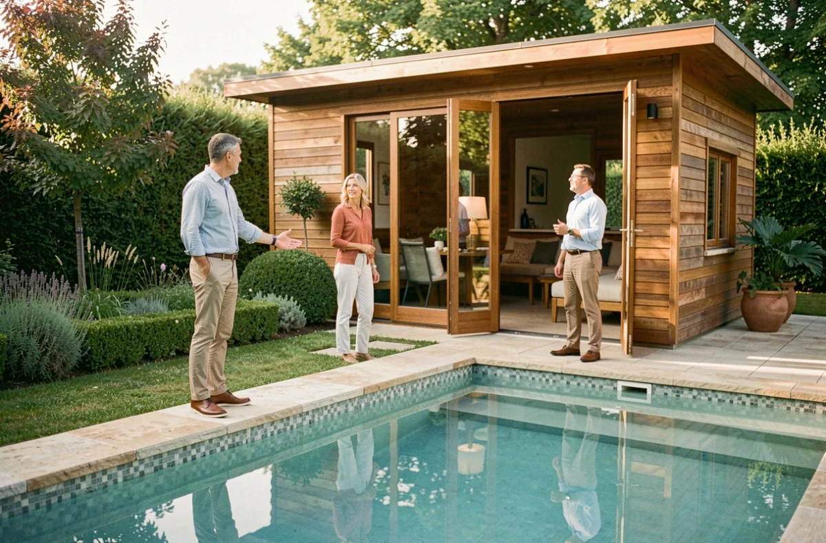 Architecte paysagiste de L'Esprit Piscine Toulouse présentant une piscine paysagère avec pool house en bois à un couple