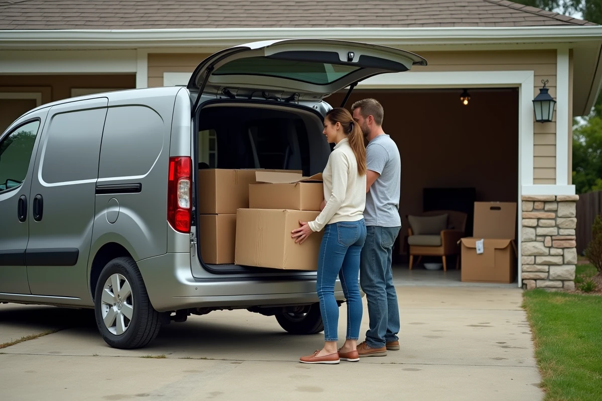 Couple chargeant des meubles et cartons dans un van lors de l'évacuation finale d'un garage débarrassé