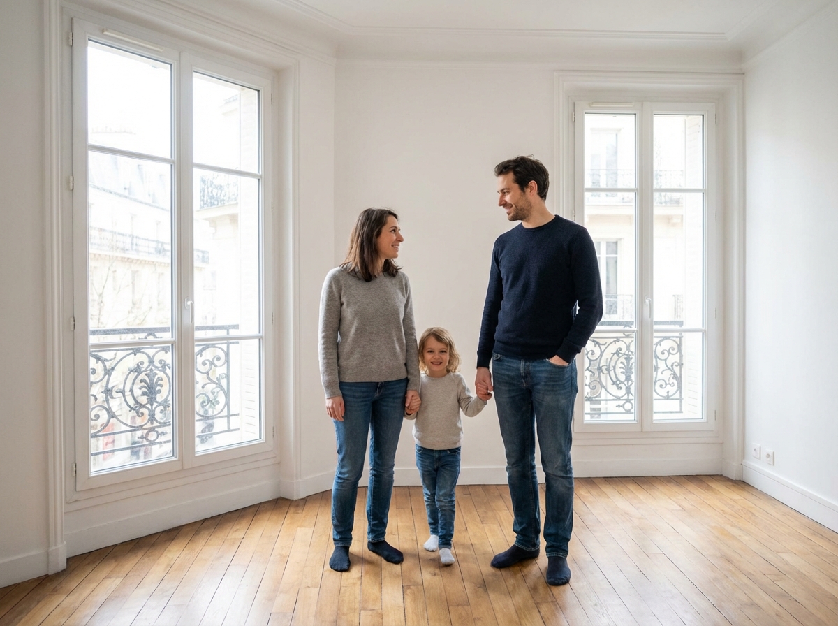 Famille de trois dans un nouveau logement parisien vide