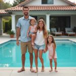 Famille souriante devant leur piscine en été