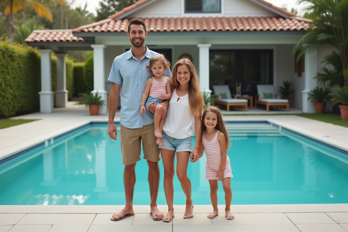 Famille souriante devant leur piscine en été