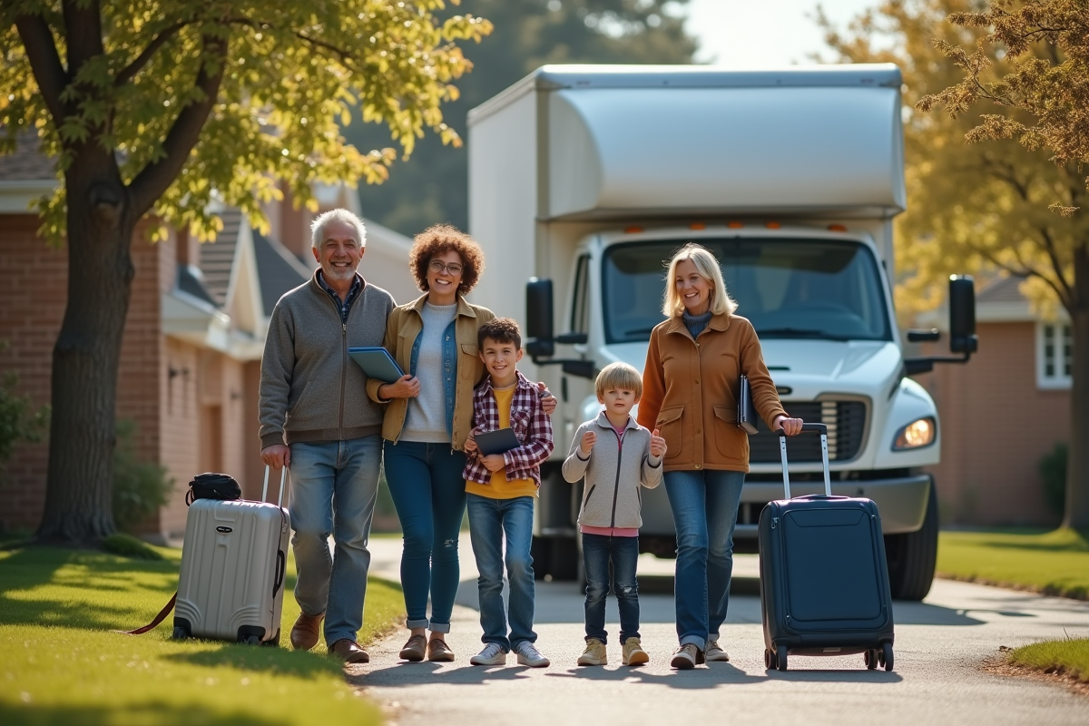 Famille avec valises et passeports devant la maison avant départ