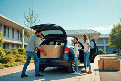 Famille heureuse déchargeant cartons recyclés à un centre moderne