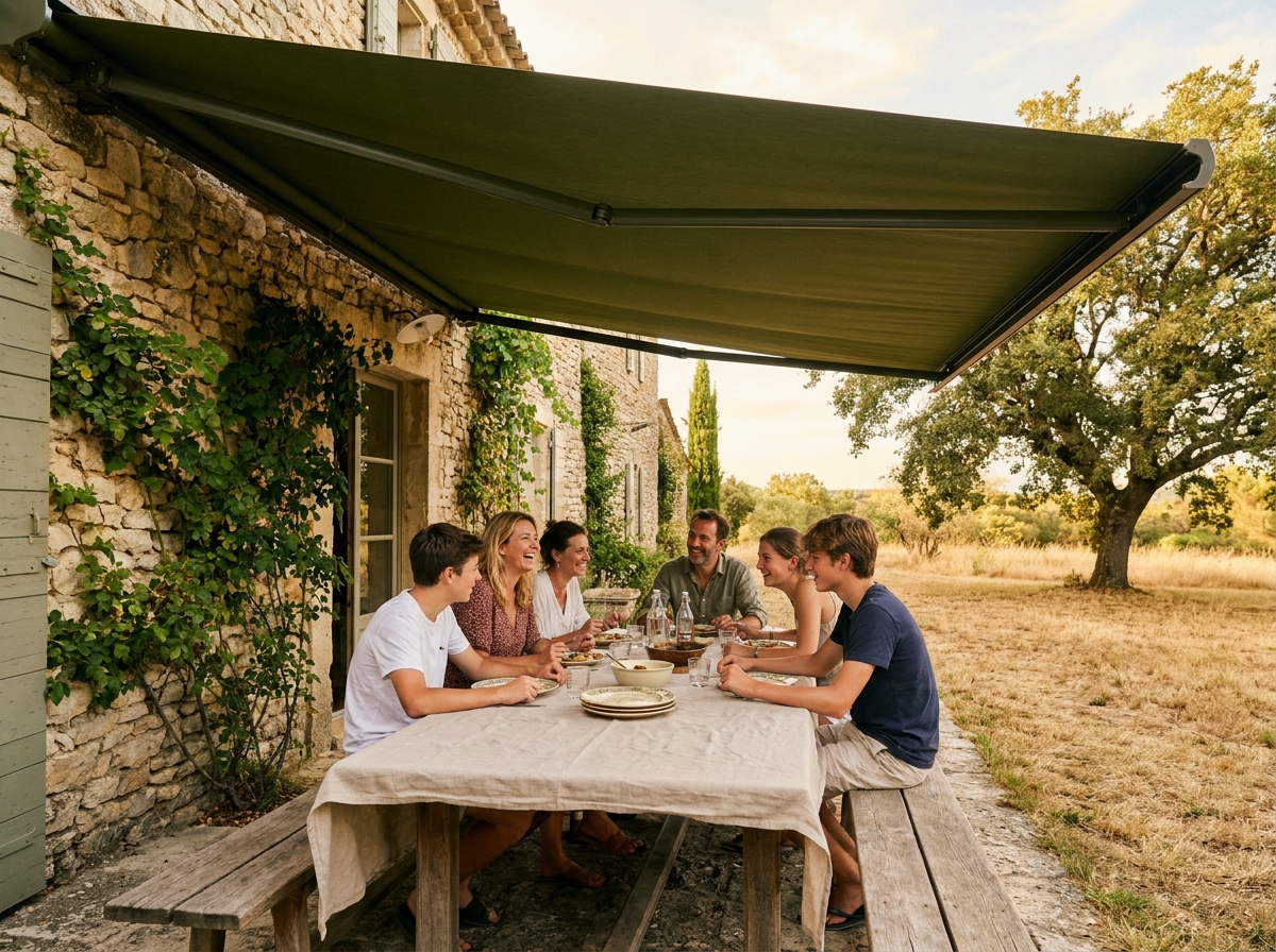 Famille déjeunant à l'ombre d'un store banne vert olive sur la terrasse d'une ferme provençale en pierres, ambiance estivale authentique
