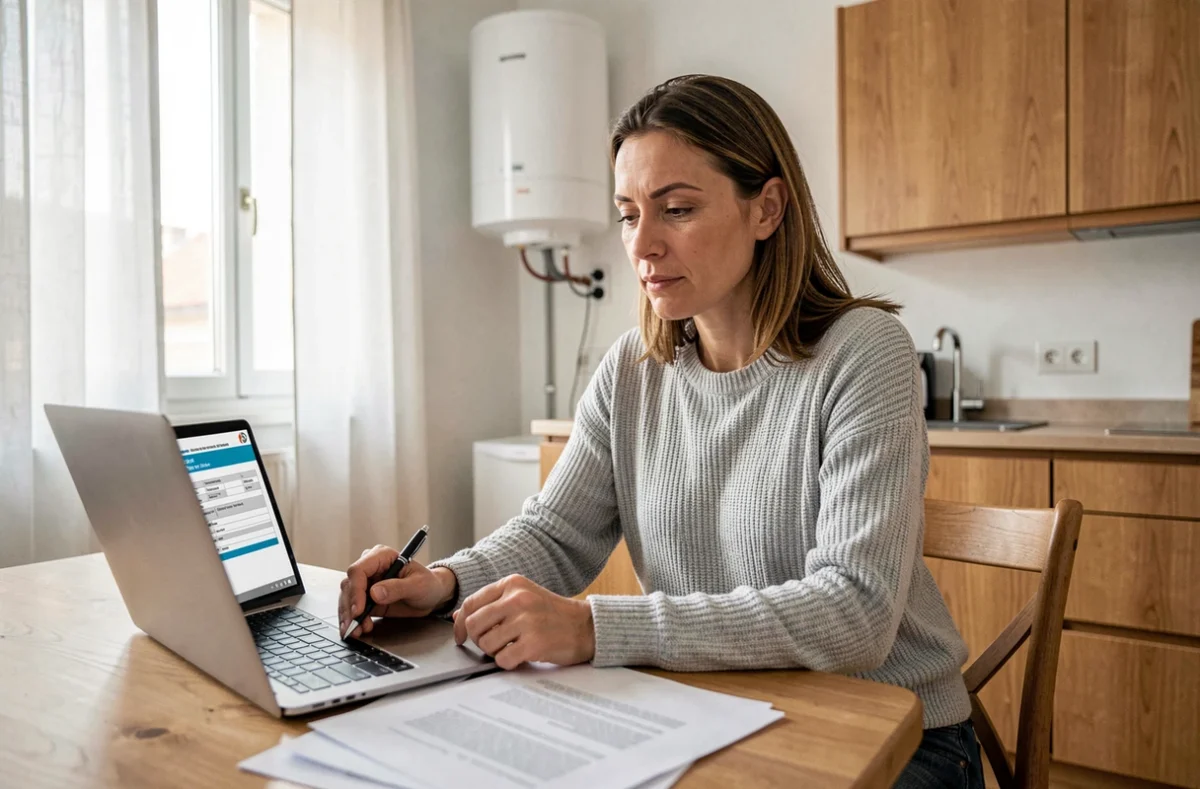 Femme consultant les aides de l'État pour une pompe à chaleur air-air sur son ordinateur portable