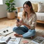 Jeune femme utilisant une application de décoration intérieure sur smartphone entourée d'échantillons de tissu et de magazines déco sur parquet en chêne
