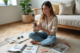 Jeune femme utilisant une application de décoration intérieure sur smartphone entourée d'échantillons de tissu et de magazines déco sur parquet en chêne