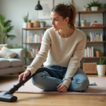 Jeune femme utilisant un aspirateur sans sac dans un salon lumineux