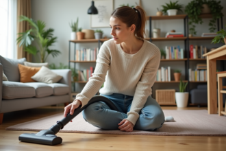 Jeune femme utilisant un aspirateur sans sac dans un salon lumineux