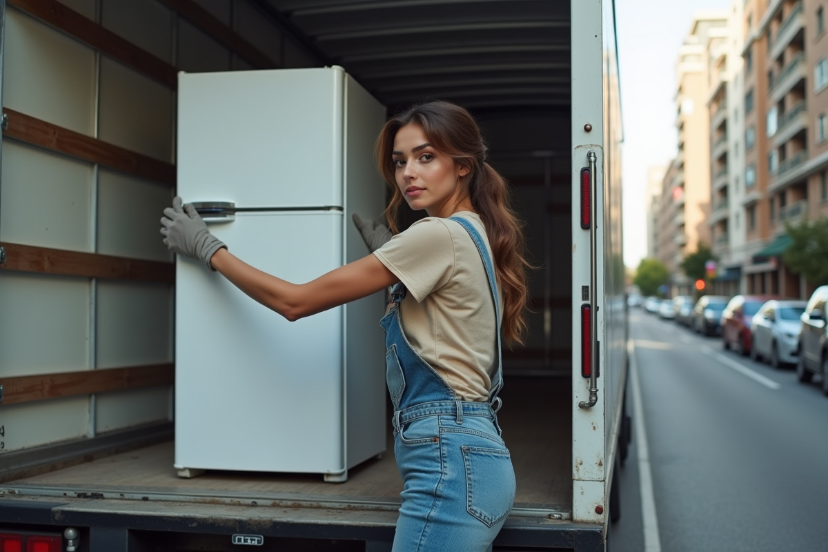 Jeune femme attachant un réfrigérateur dans un camion de déménagement en ville