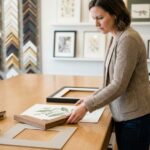 Femme examinant des échantillons de cadres dans une boutique