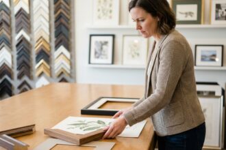 Femme examinant des échantillons de cadres dans une boutique