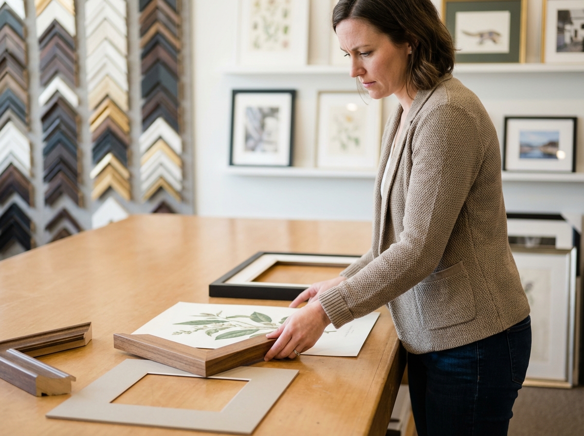 Femme examinant des échantillons de cadres dans une boutique