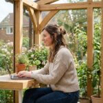 Femme travaillant dans un bureau jardin moderne et lumineux