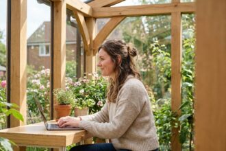 Femme travaillant dans un bureau jardin moderne et lumineux