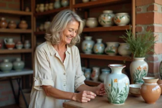 Femme souriante examine un vase en céramique peinte à la main à Soufflenheim